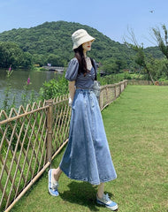 Blue Splicing Midi Denim Skirt