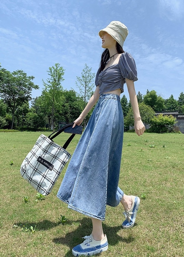 Blue Splicing Midi Denim Skirt