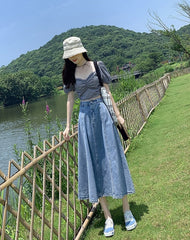 Blue Splicing Midi Denim Skirt