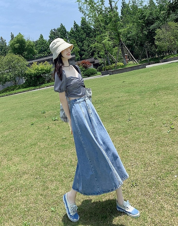 Blue Splicing Midi Denim Skirt