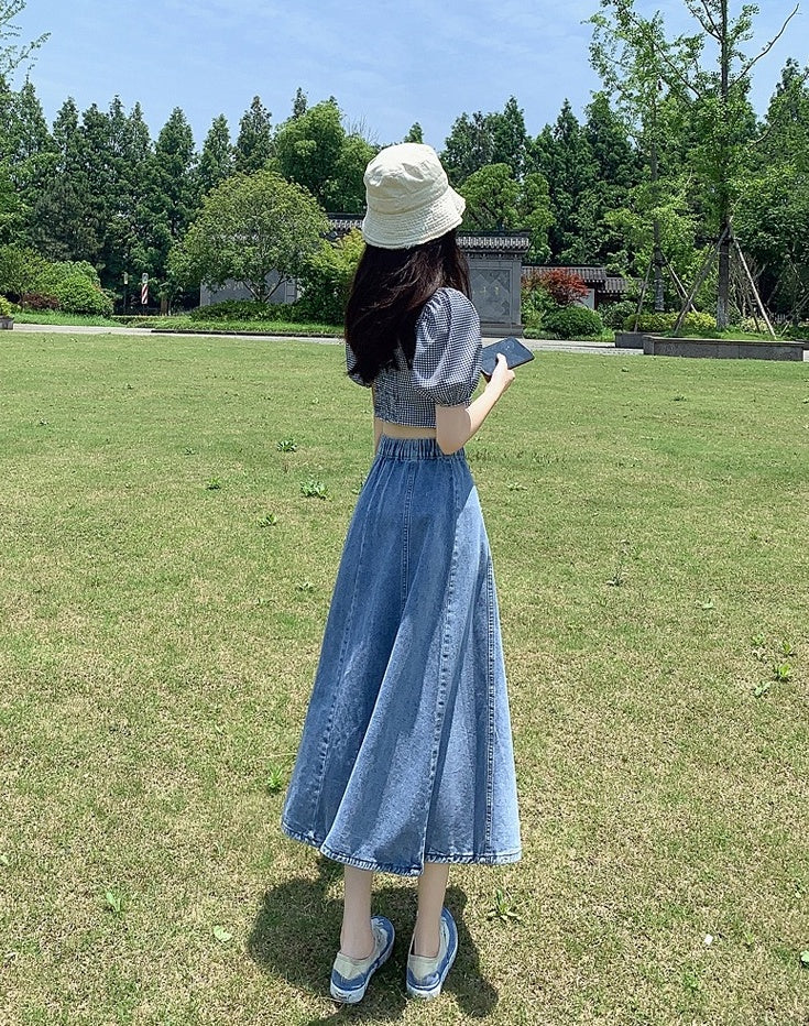 Blue Splicing Midi Denim Skirt