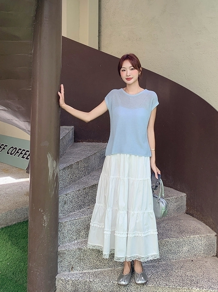 Blue Split Back Top And Skirt Set