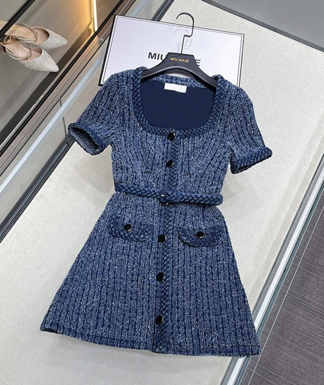 Blue Square Neck Buttoned Tweed Dress