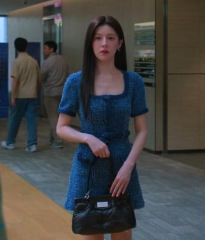 Blue Square Neck Buttoned Tweed Dress