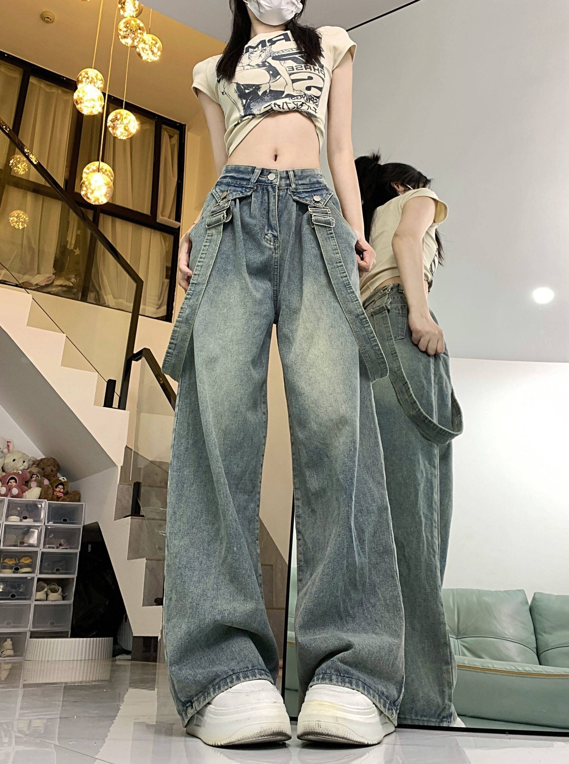Blue Straight Cut Denim Jeans With Suspenders Detail