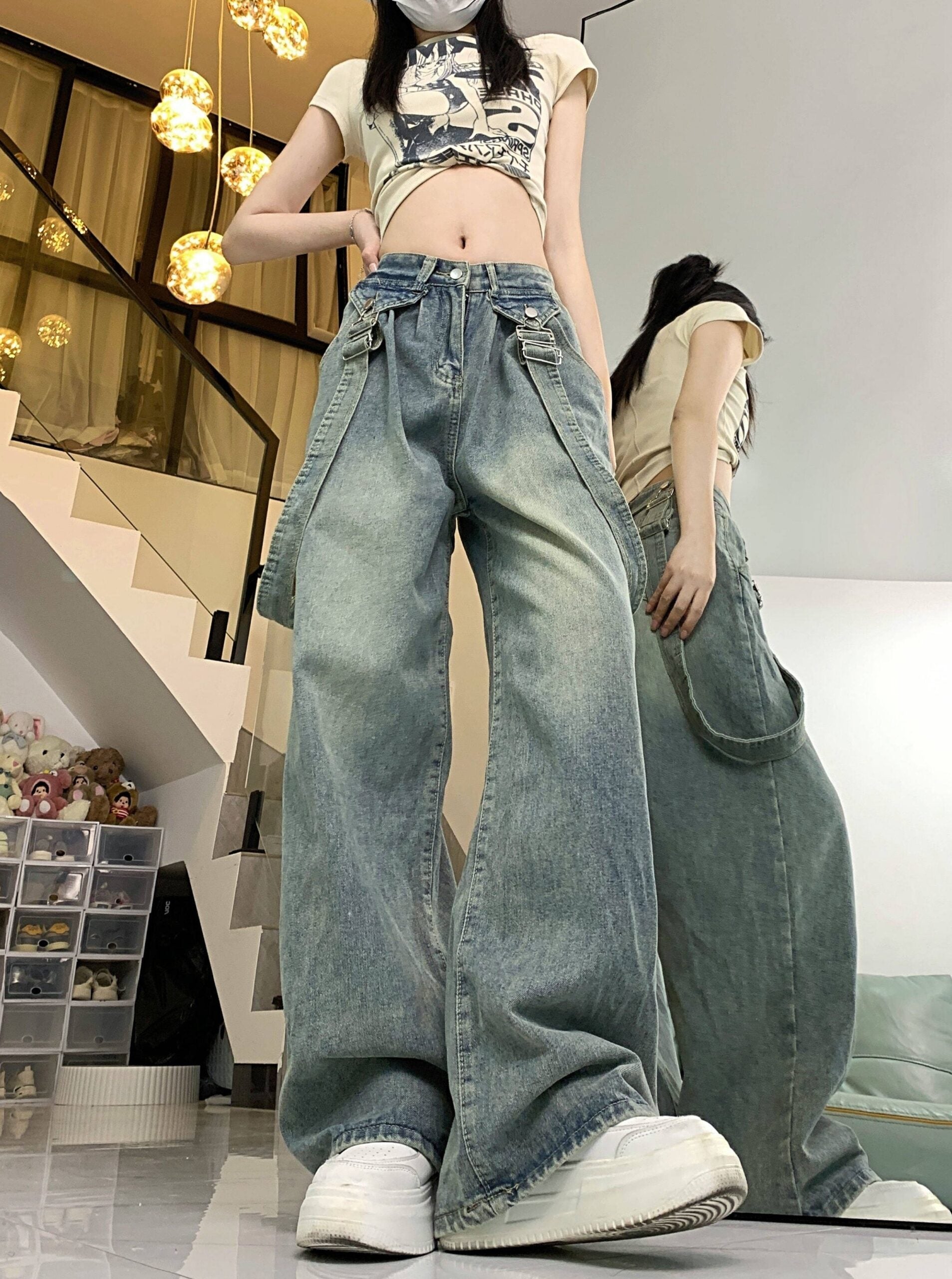 Blue Straight Cut Denim Jeans With Suspenders Detail