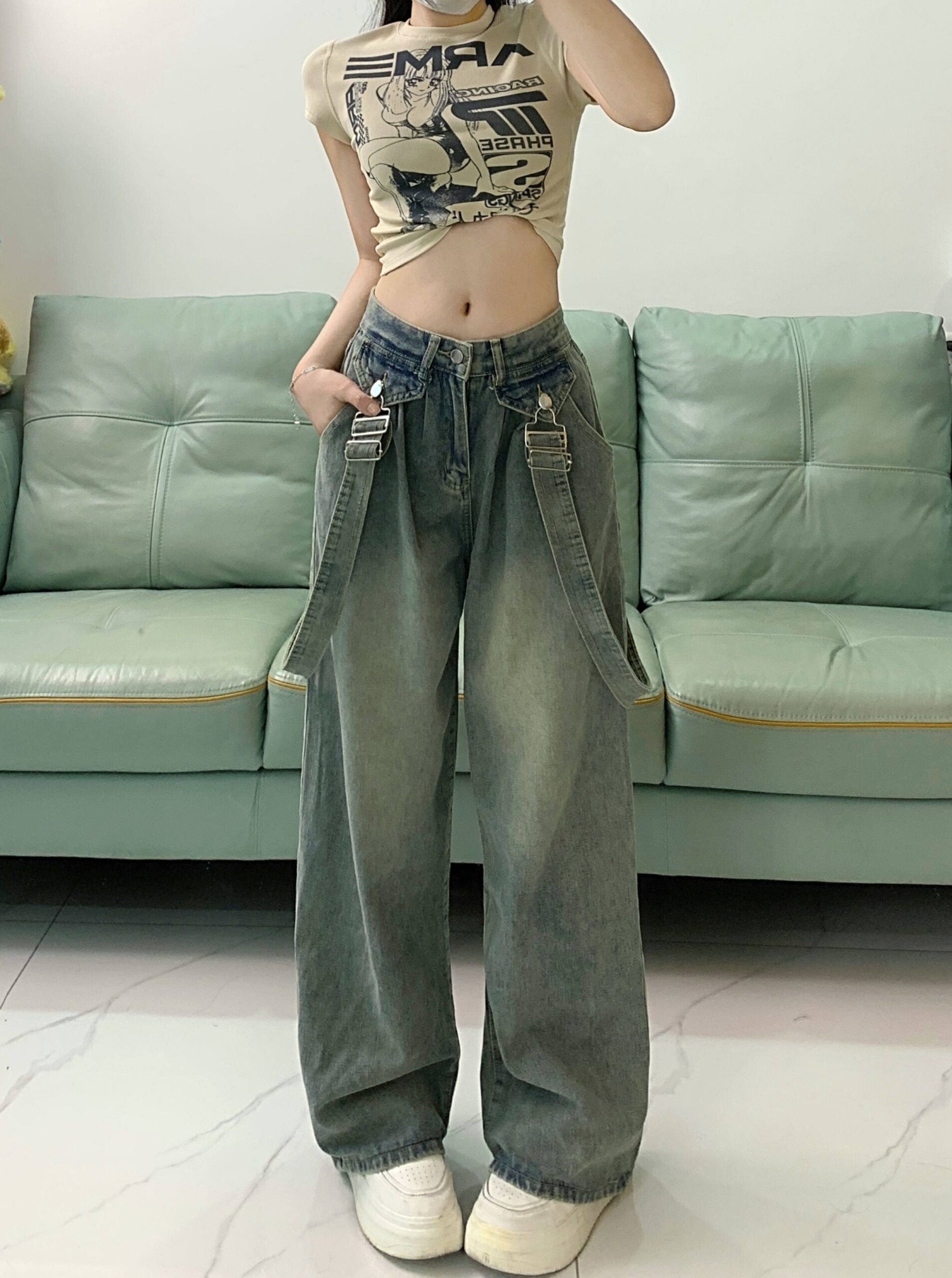 Blue Straight Cut Denim Jeans With Suspenders Detail
