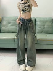 Blue Straight Cut Denim Jeans With Suspenders Detail