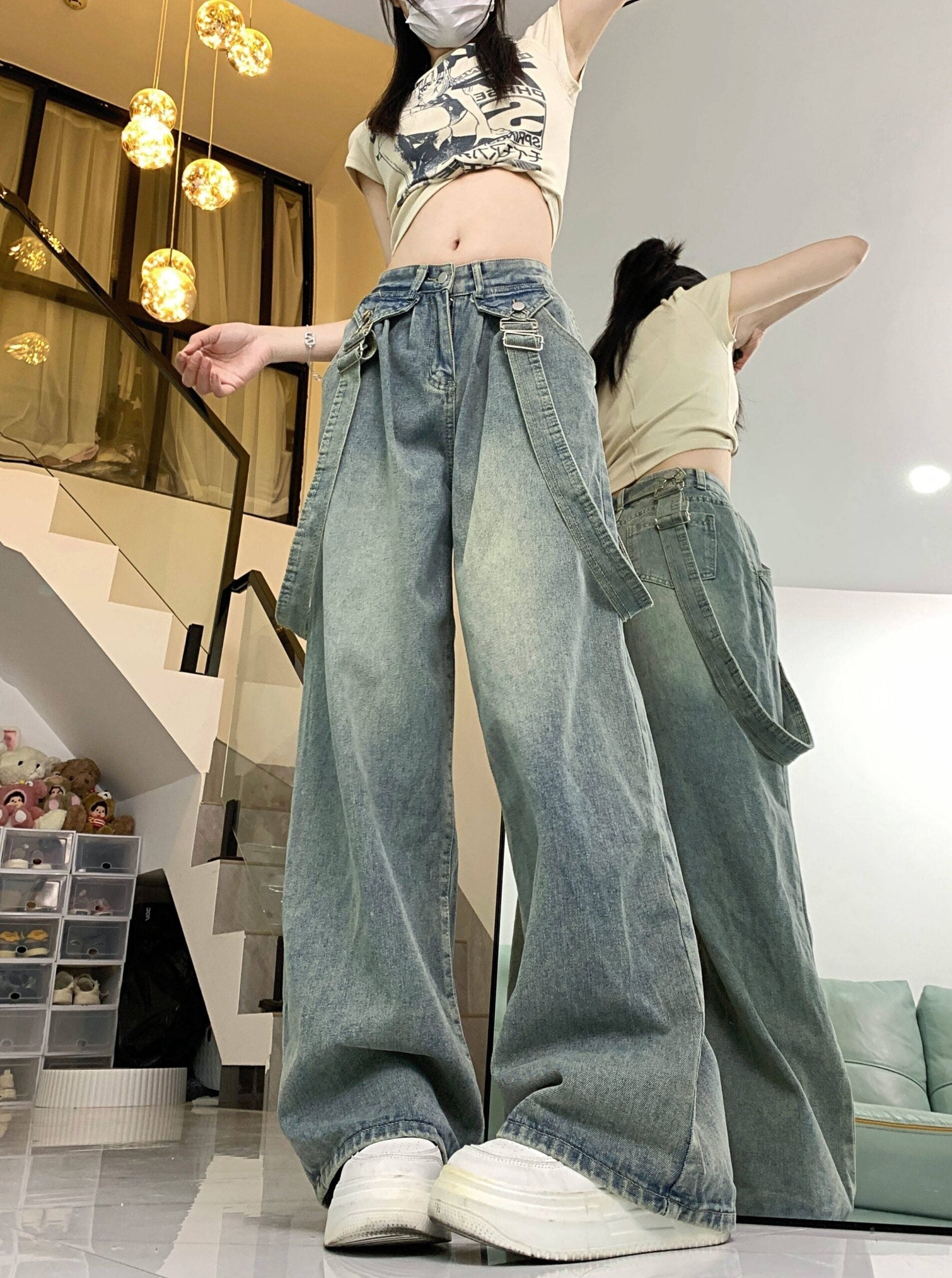 Blue Straight Cut Denim Jeans With Suspenders Detail