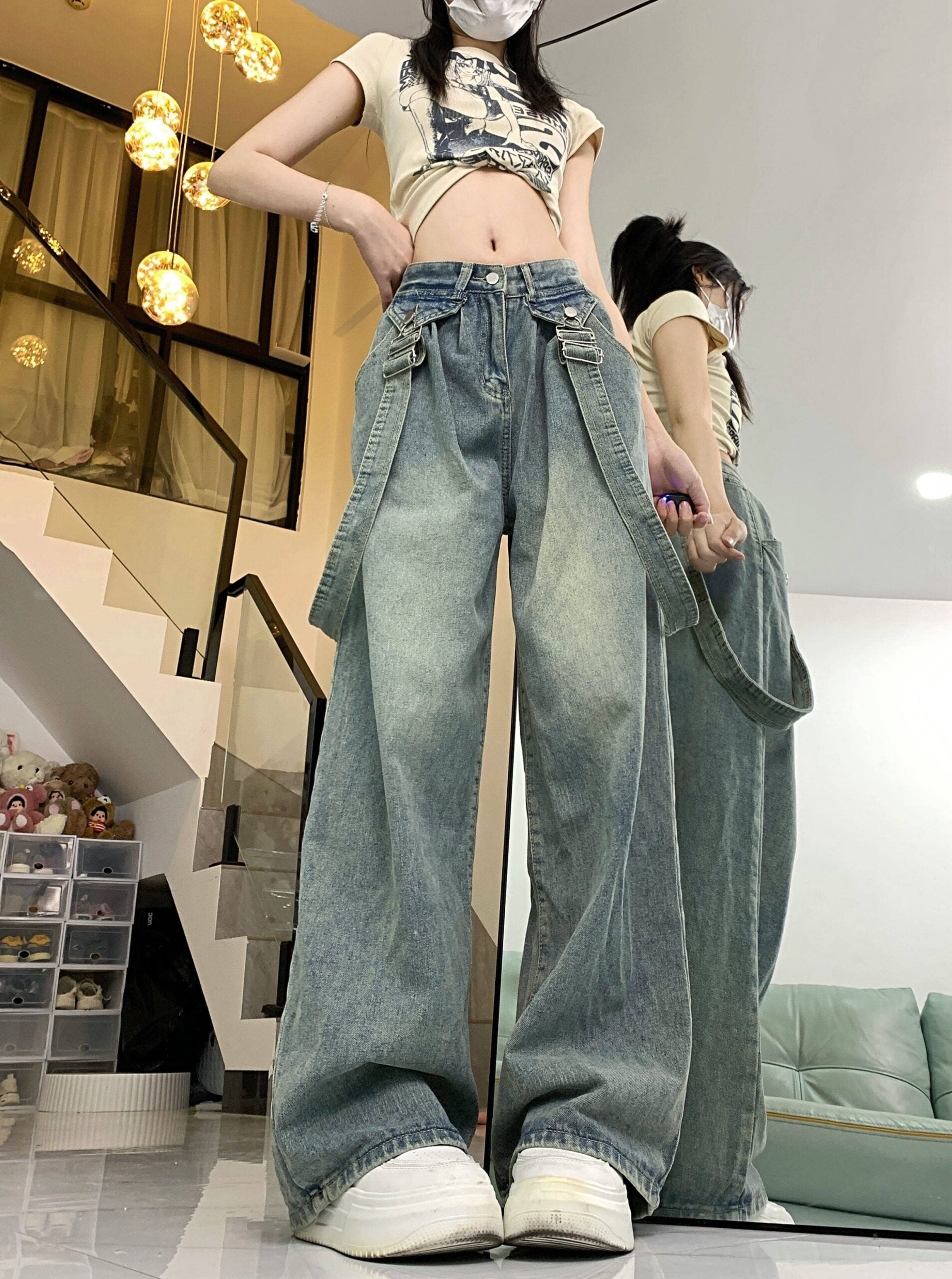 Blue Straight Cut Denim Jeans With Suspenders Detail
