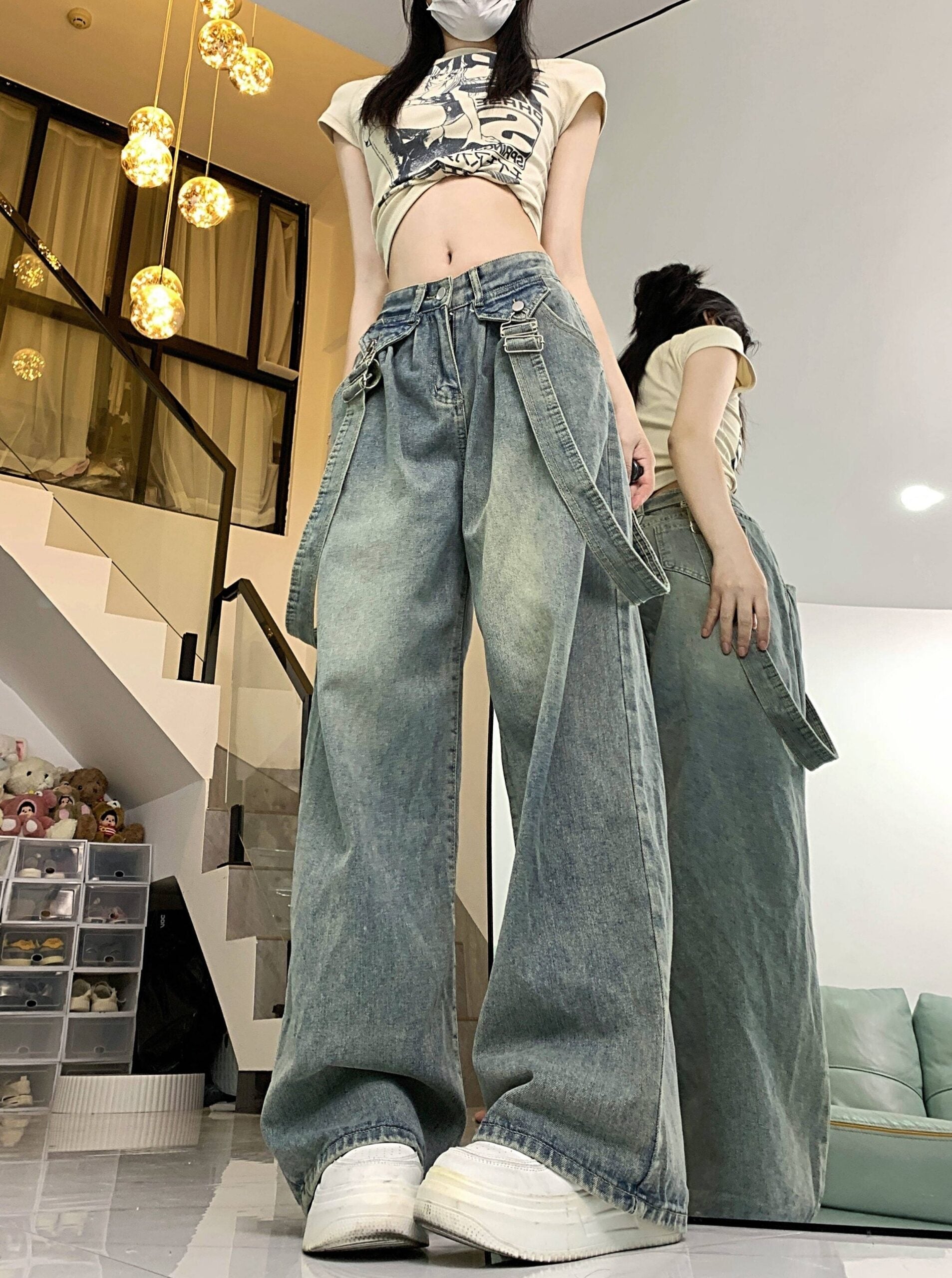 Blue Straight Cut Denim Jeans With Suspenders Detail