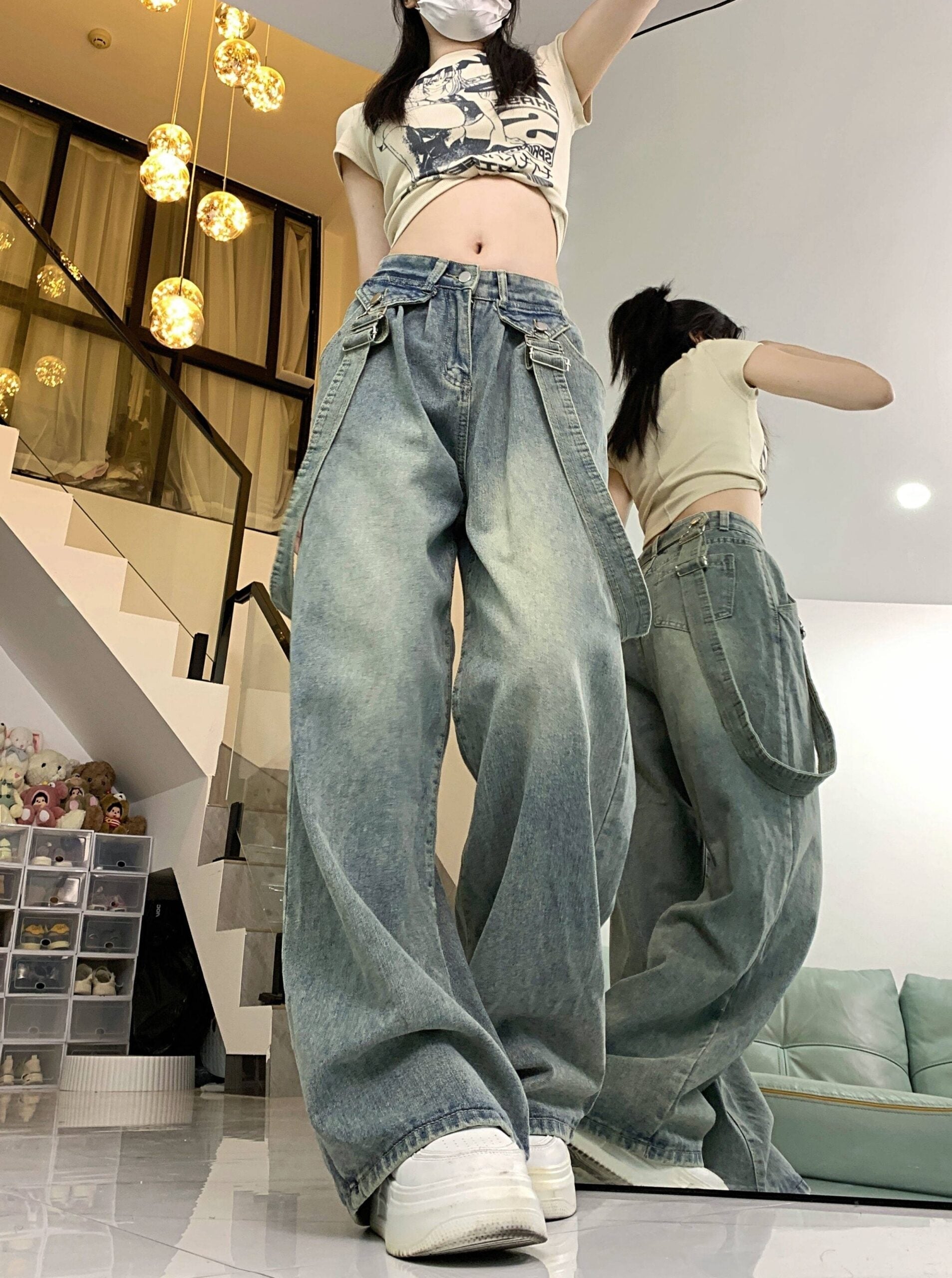 Blue Straight Cut Denim Jeans With Suspenders Detail