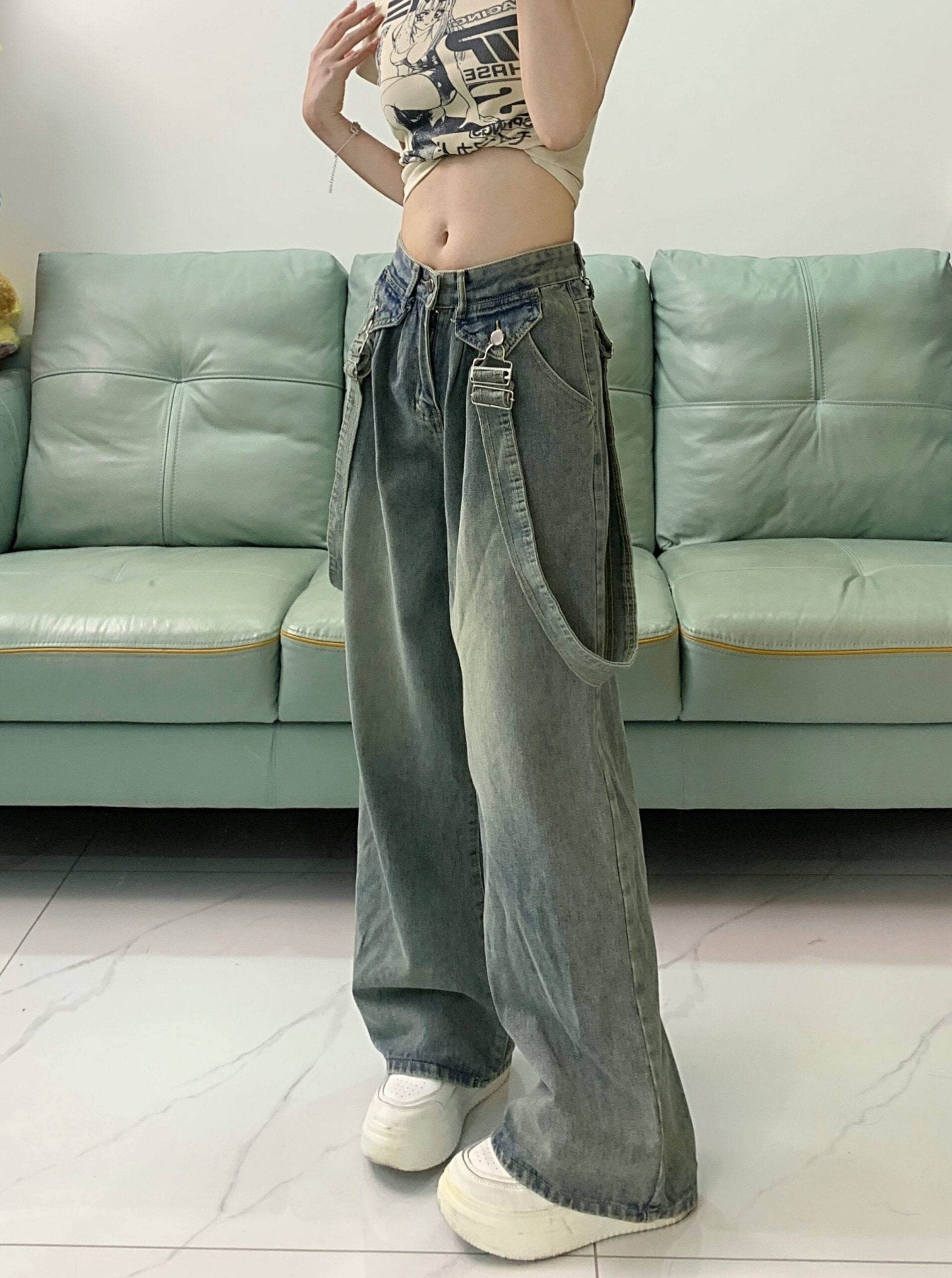 Blue Straight Cut Denim Jeans With Suspenders Detail