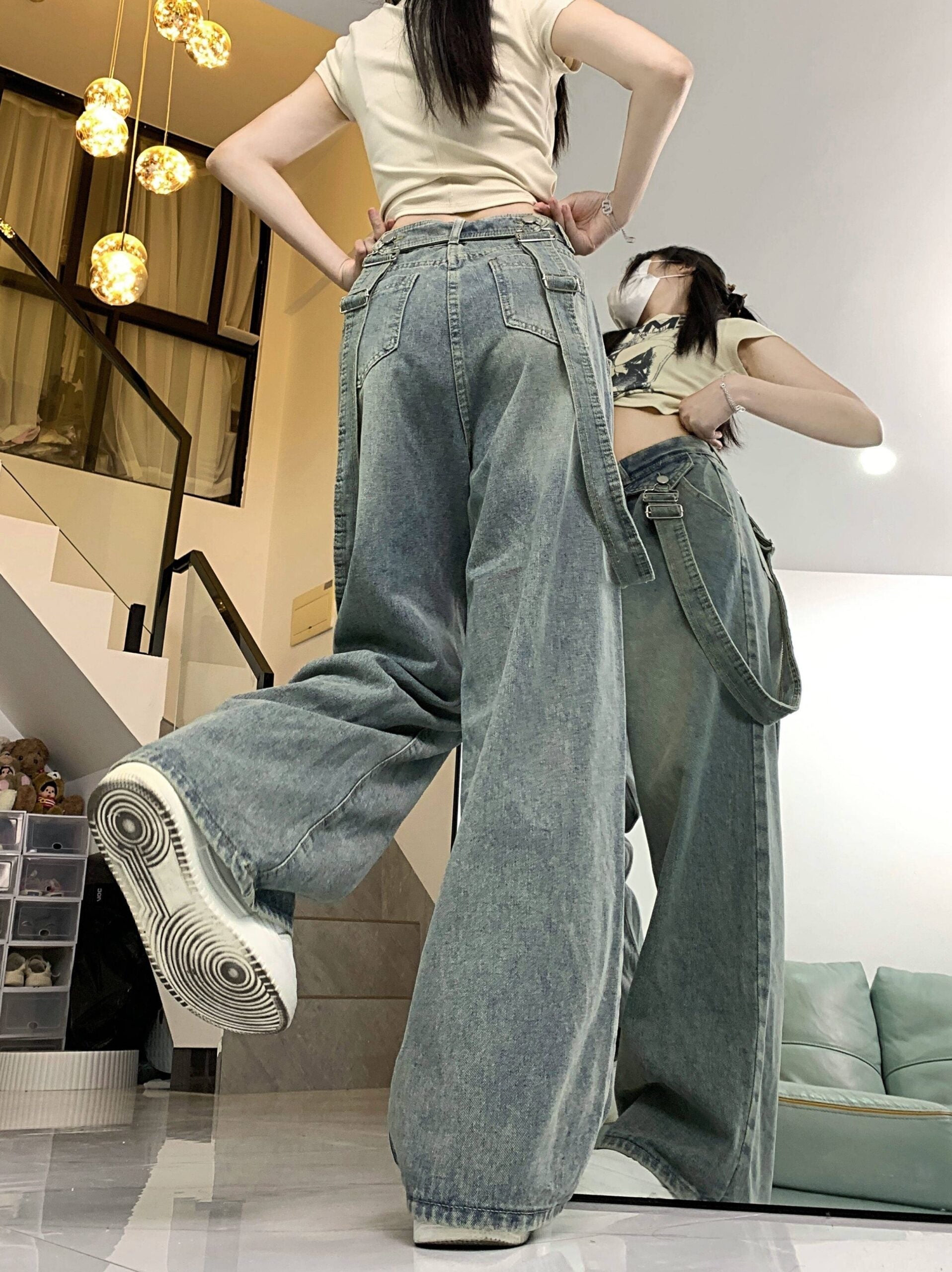 Blue Straight Cut Denim Jeans With Suspenders Detail