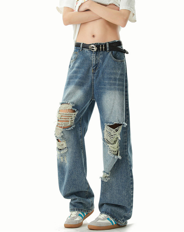 Blue Straight Cut Ripped Jeans