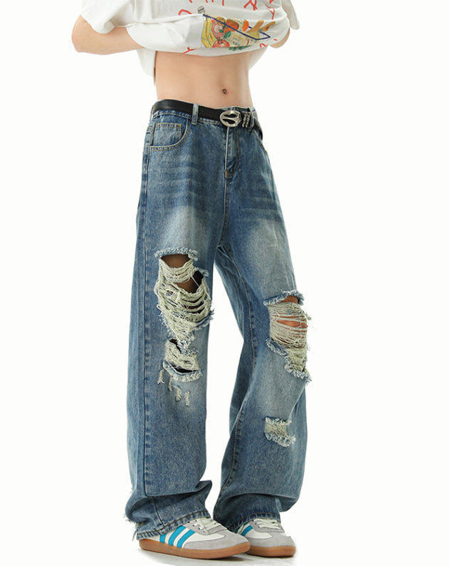 Blue Straight Cut Ripped Jeans