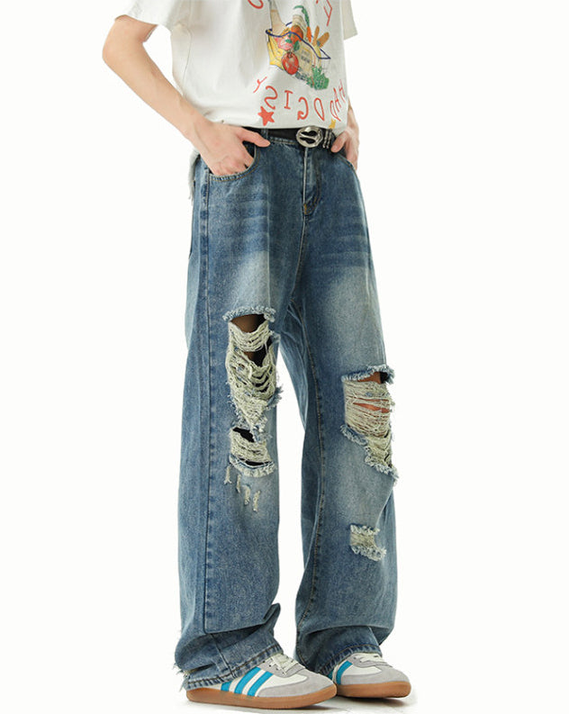 Blue Straight Cut Ripped Jeans