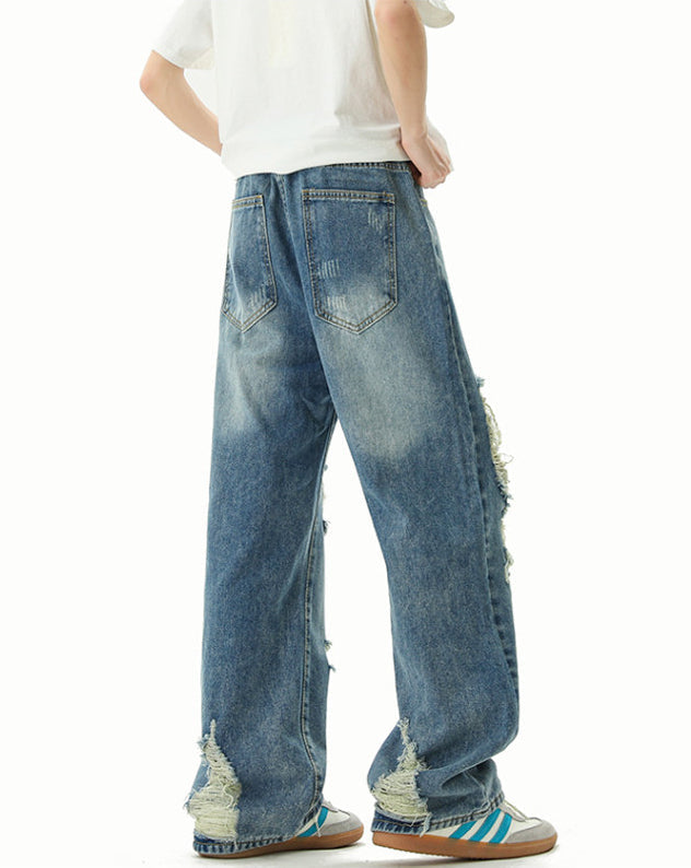 Blue Straight Cut Ripped Jeans