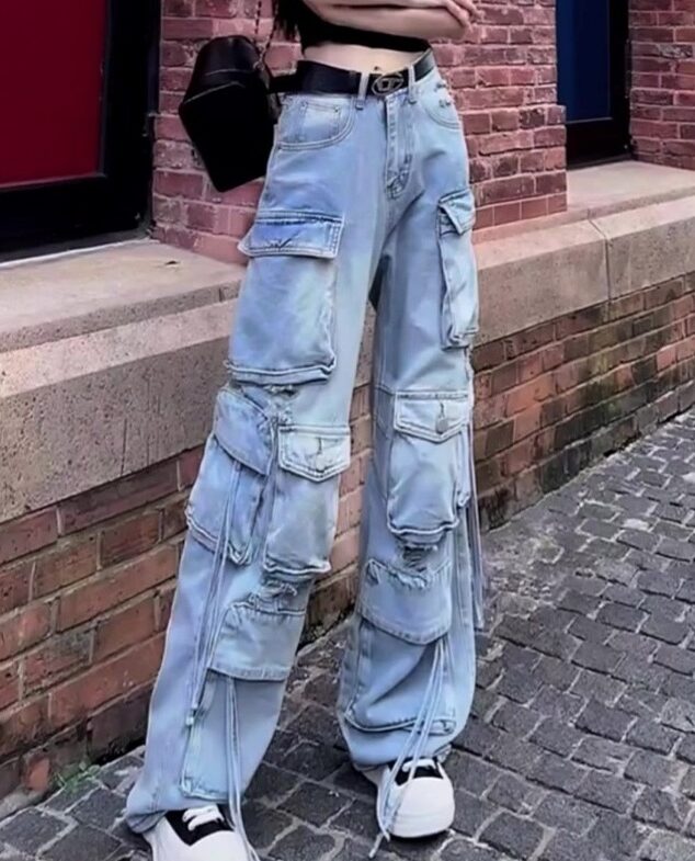 Blue Strappy Multi-Pocket Cargo Jeans