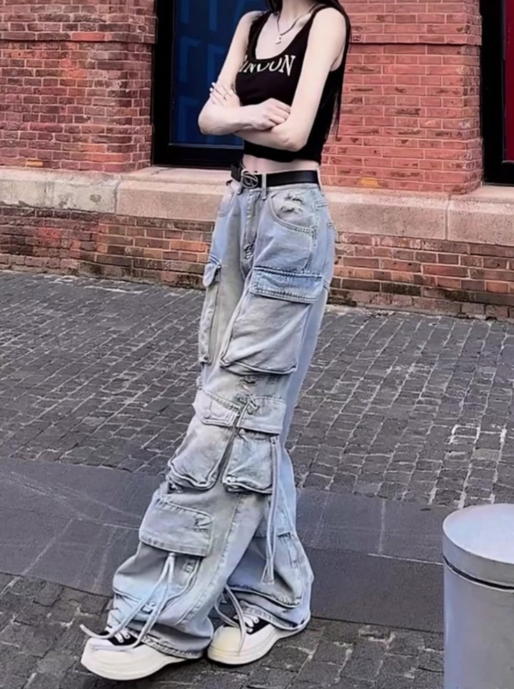 Blue Strappy Multi-Pocket Cargo Jeans
