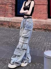 Blue Strappy Multi-Pocket Cargo Jeans