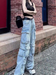 Blue Strappy Multi-Pocket Cargo Jeans