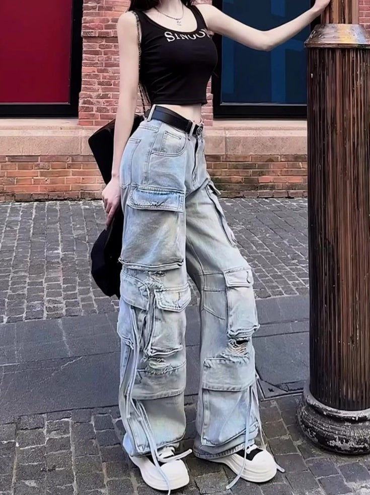 Blue Strappy Multi-Pocket Cargo Jeans
