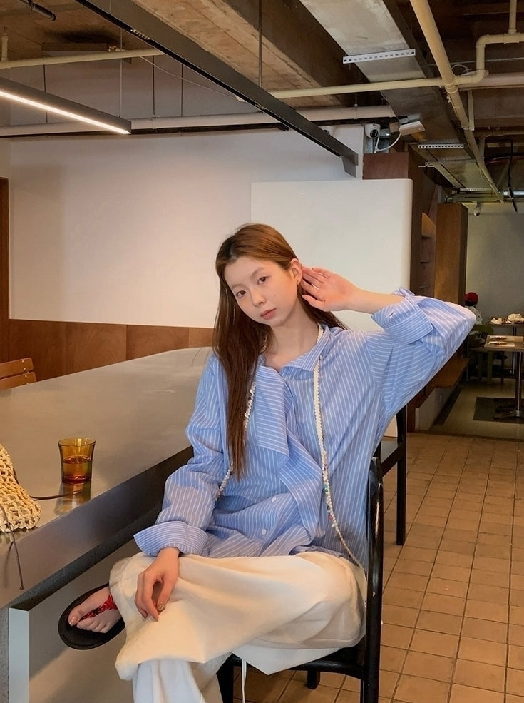Blue Striped French Style Loose Fit Sun Shirt