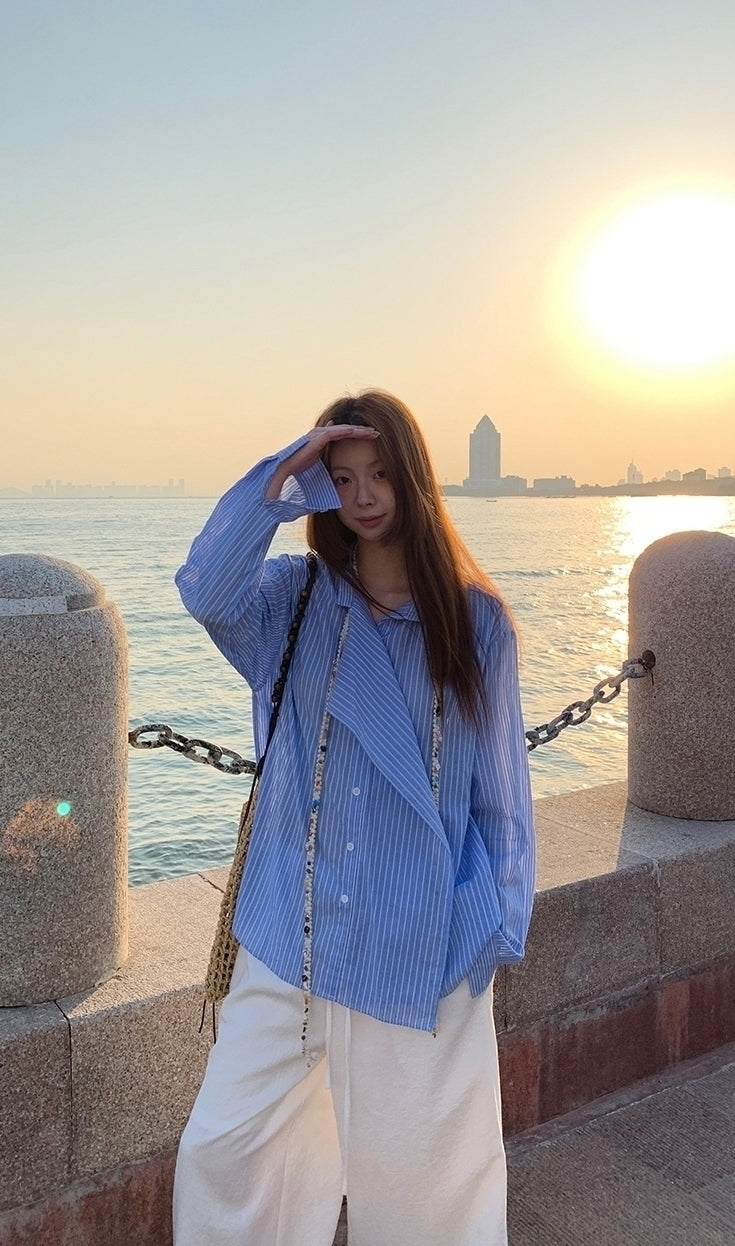 Blue Striped French Style Loose Fit Sun Shirt