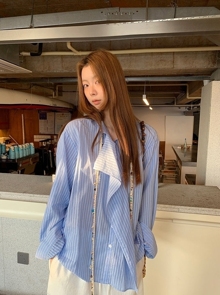 Blue Striped French Style Loose Fit Sun Shirt