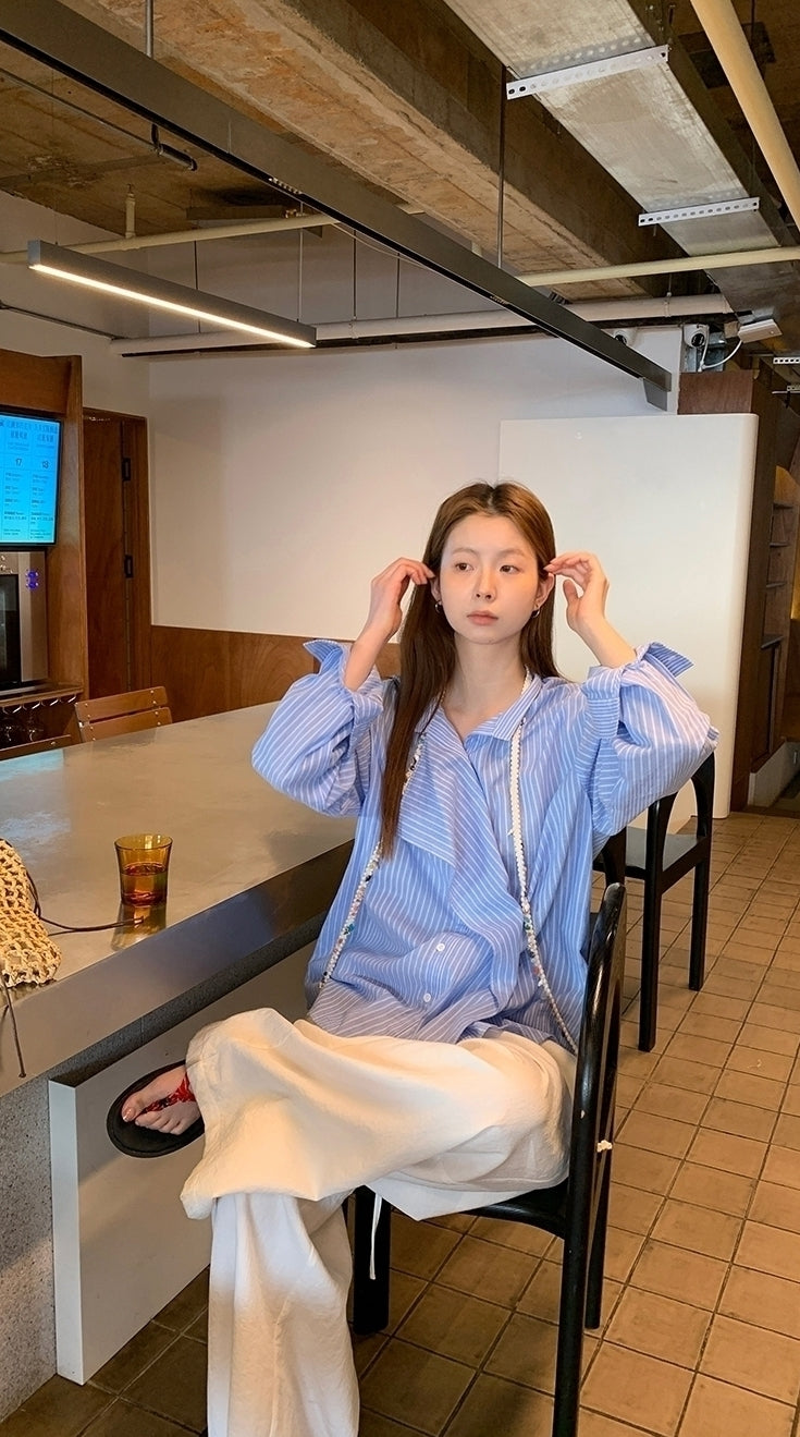 Blue Striped French Style Loose Fit Sun Shirt