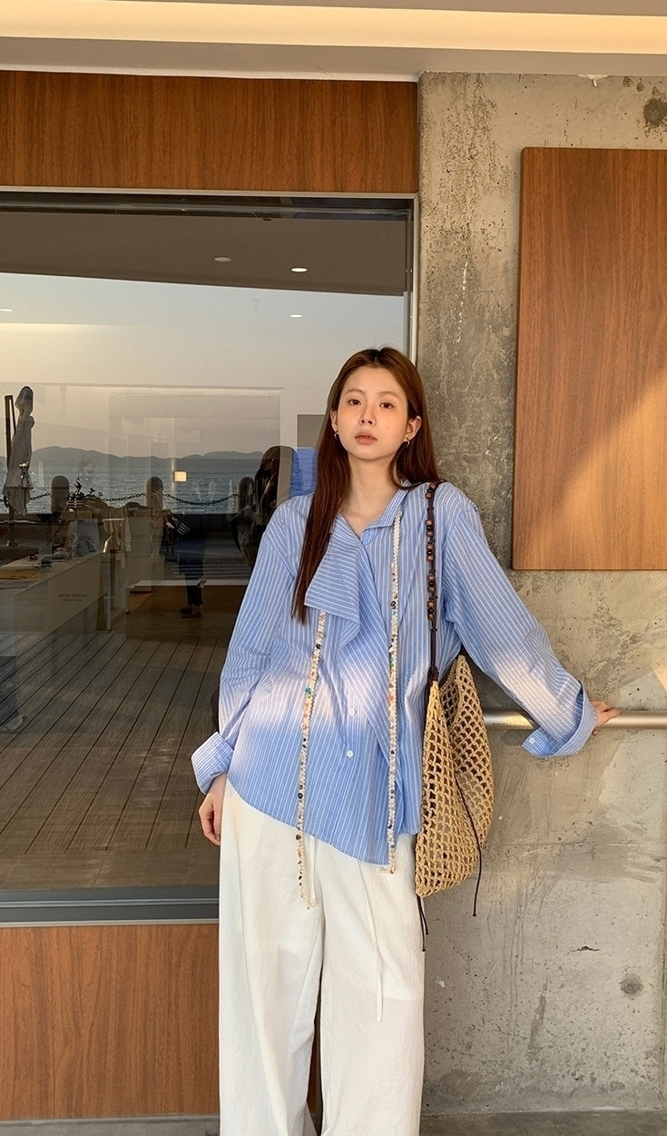 Blue Striped French Style Loose Fit Sun Shirt