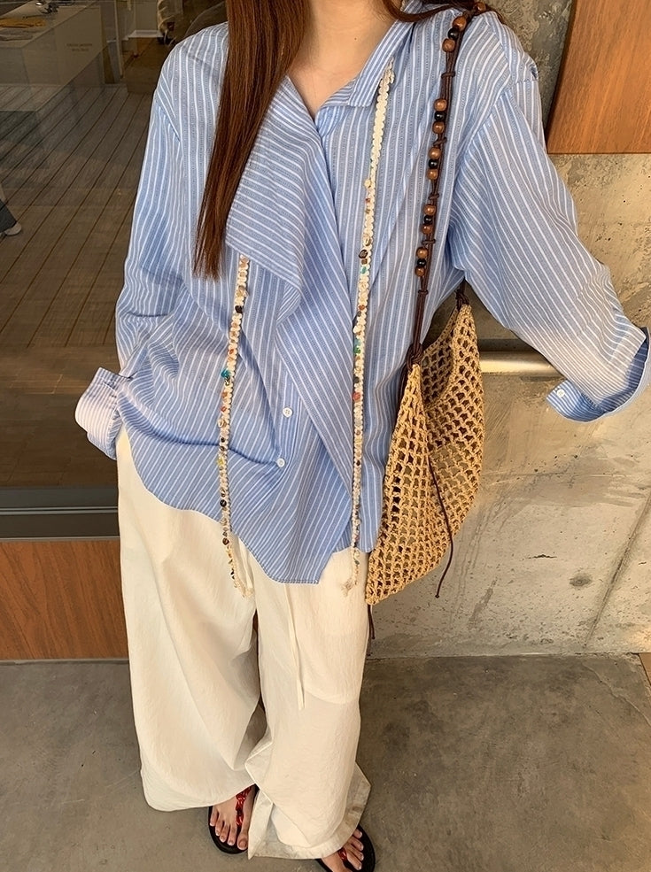 Blue Striped French Style Loose Fit Sun Shirt