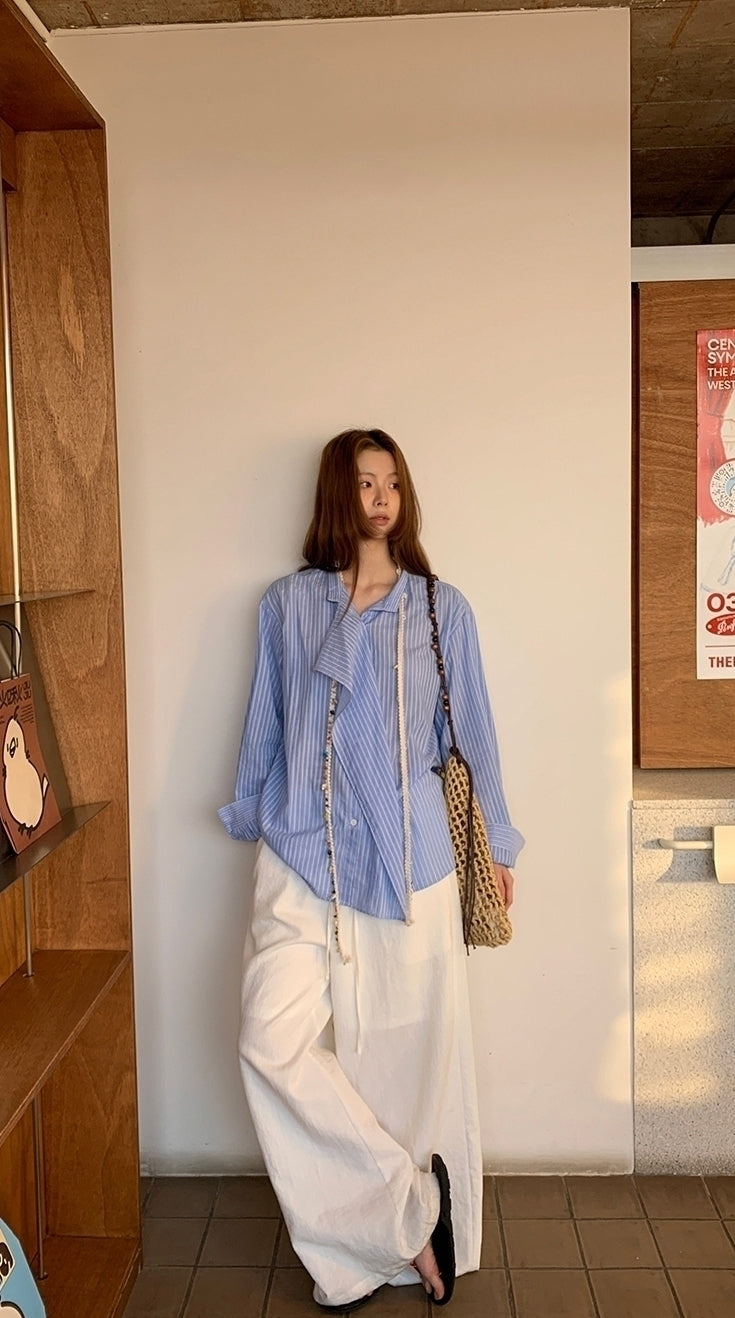 Blue Striped French Style Loose Fit Sun Shirt