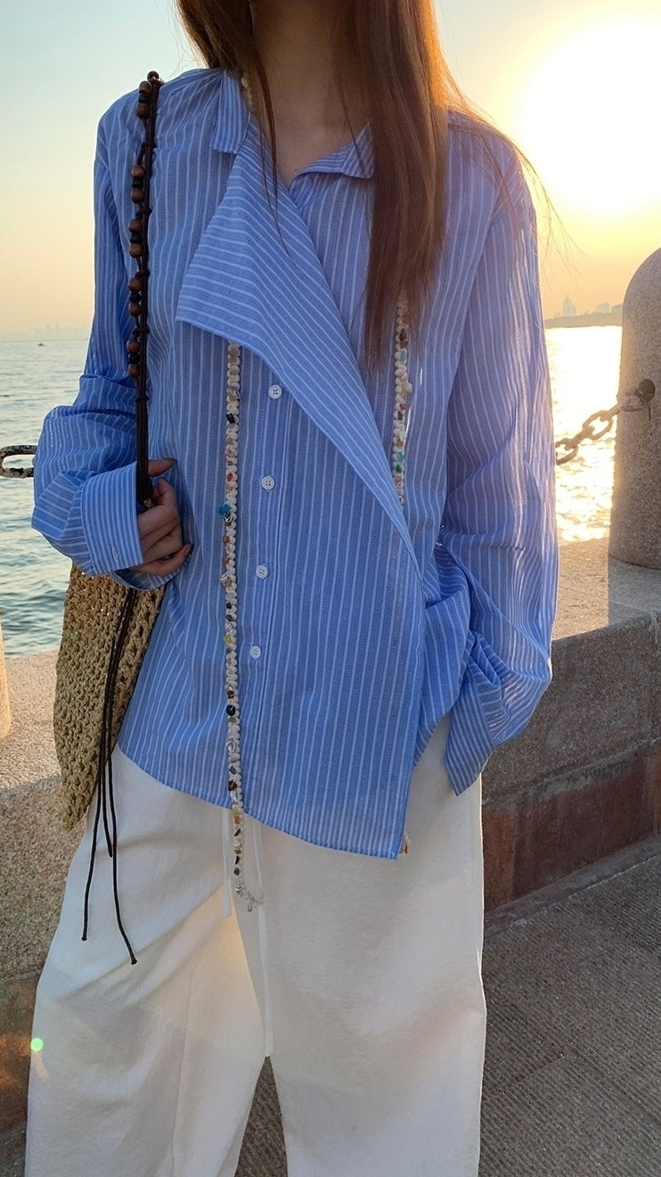 Blue Striped French Style Loose Fit Sun Shirt