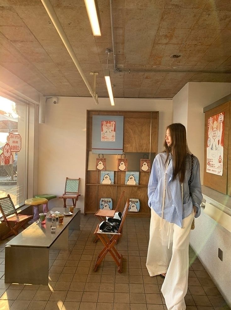 Blue Striped French Style Loose Fit Sun Shirt