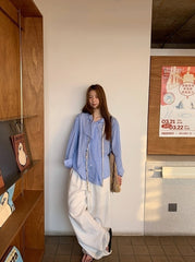 Blue Striped French Style Loose Fit Sun Shirt