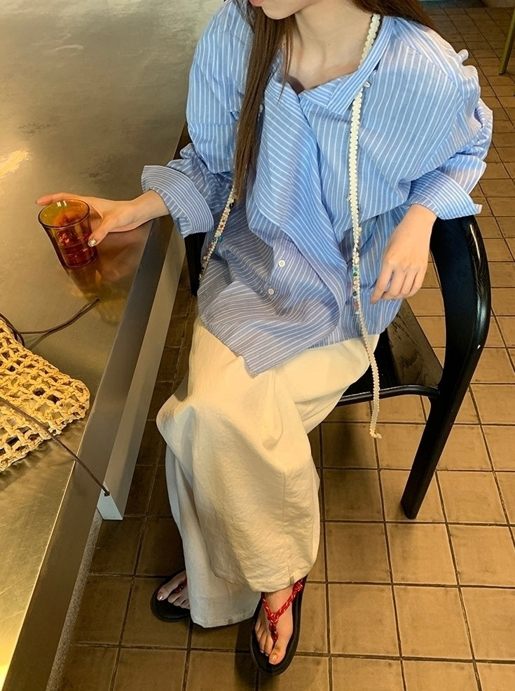 Blue Striped French Style Loose Fit Sun Shirt
