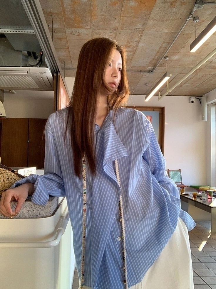 Blue Striped French Style Loose Fit Sun Shirt
