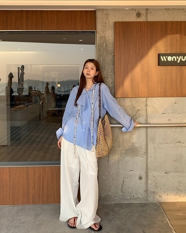 Blue Striped French Style Loose Fit Sun Shirt