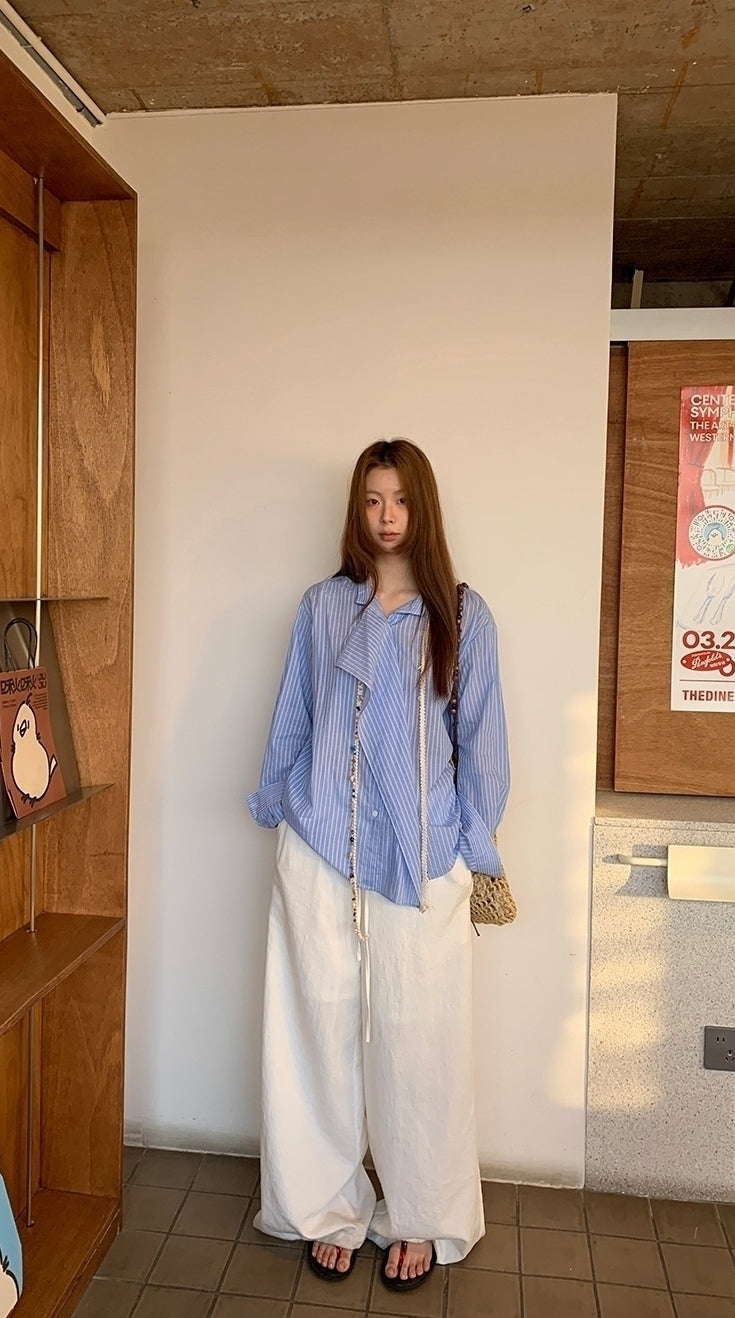Blue Striped French Style Loose Fit Sun Shirt