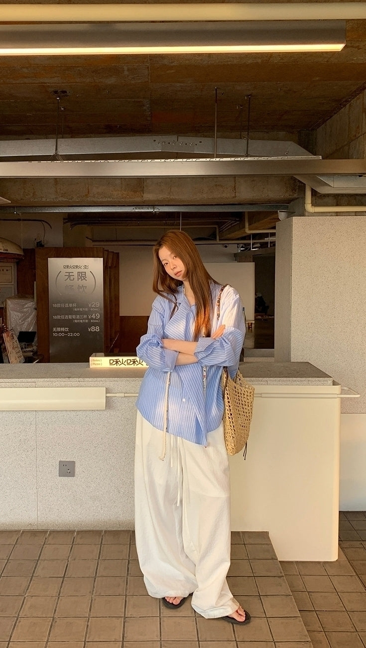 Blue Striped French Style Loose Fit Sun Shirt