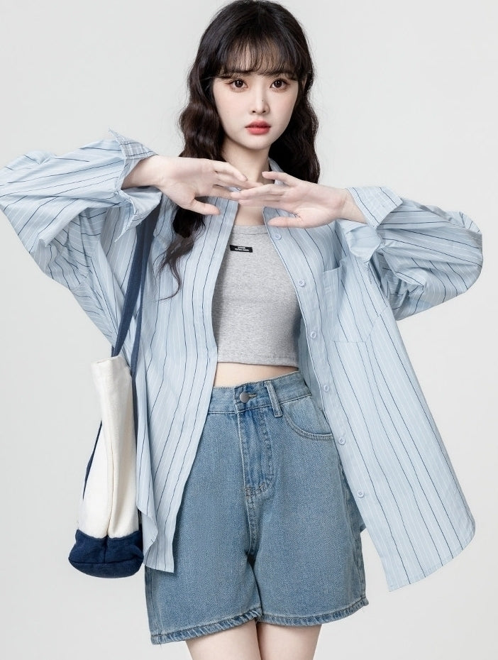 Blue Striped Polo Collar Overshirt Jacket