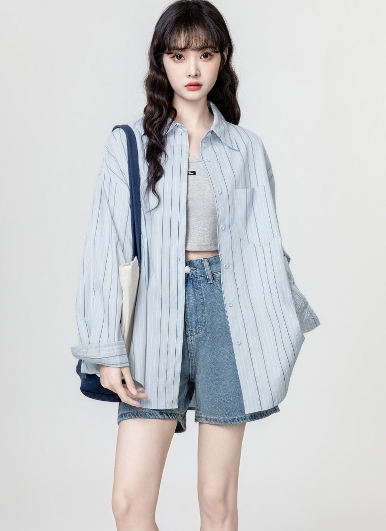 Blue Striped Polo Collar Overshirt Jacket