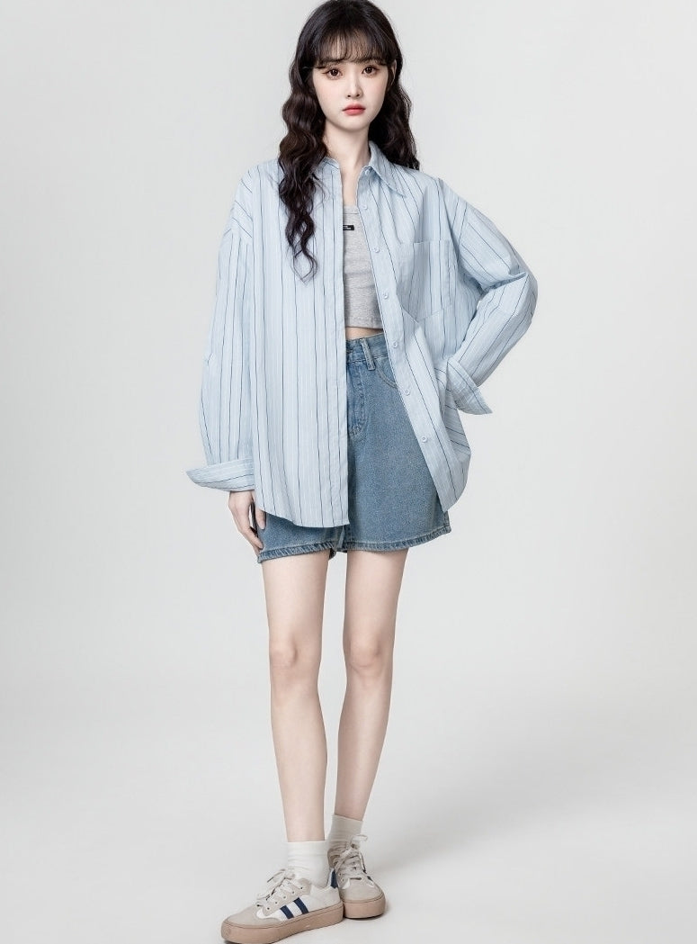Blue Striped Polo Collar Overshirt Jacket