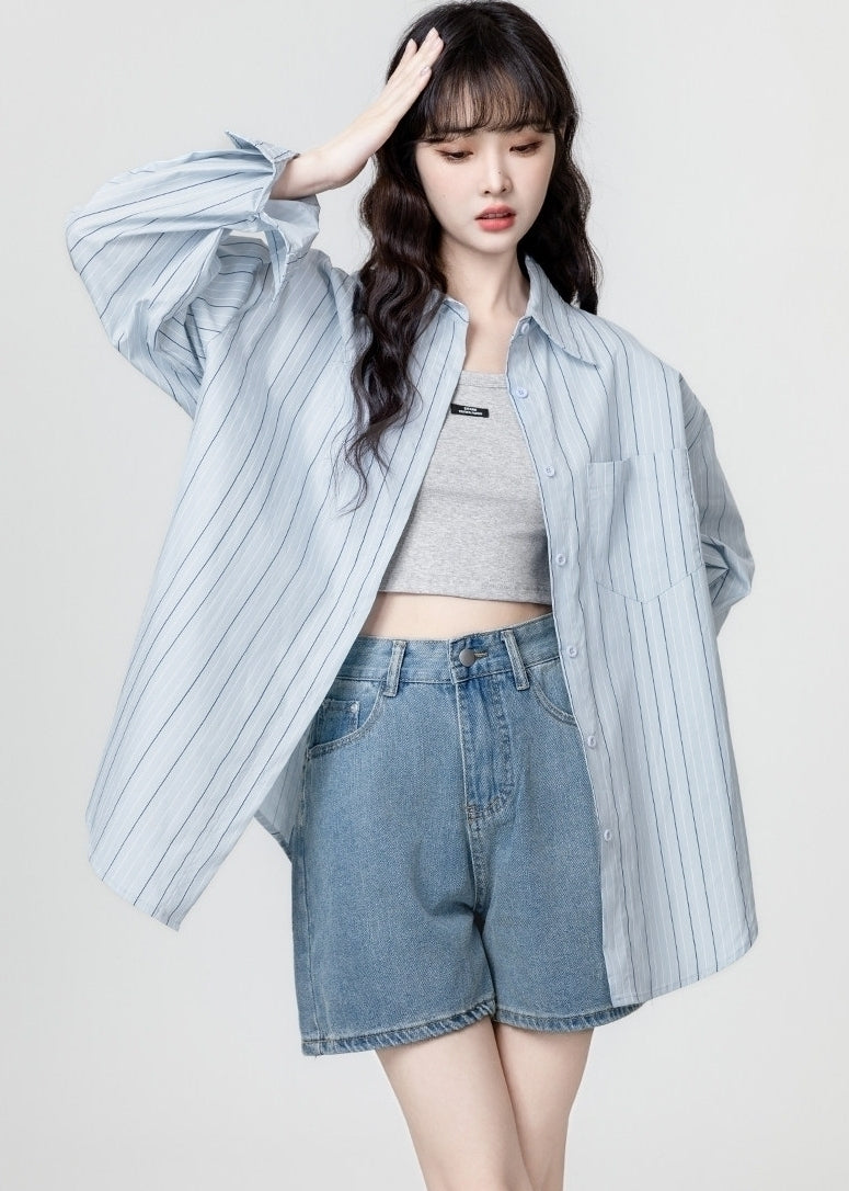Blue Striped Polo Collar Overshirt Jacket