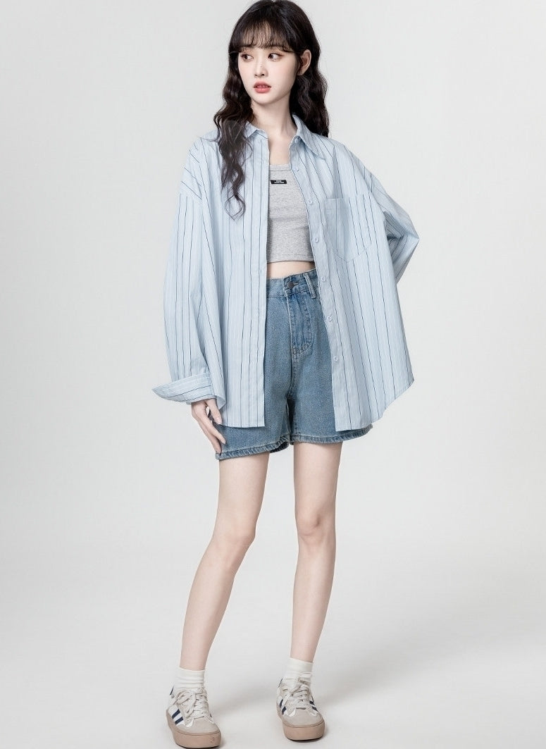 Blue Striped Polo Collar Overshirt Jacket