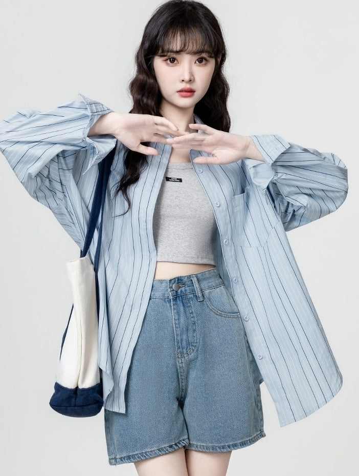 Blue Striped Relaxed Long Sleeve Shirt Jacket
