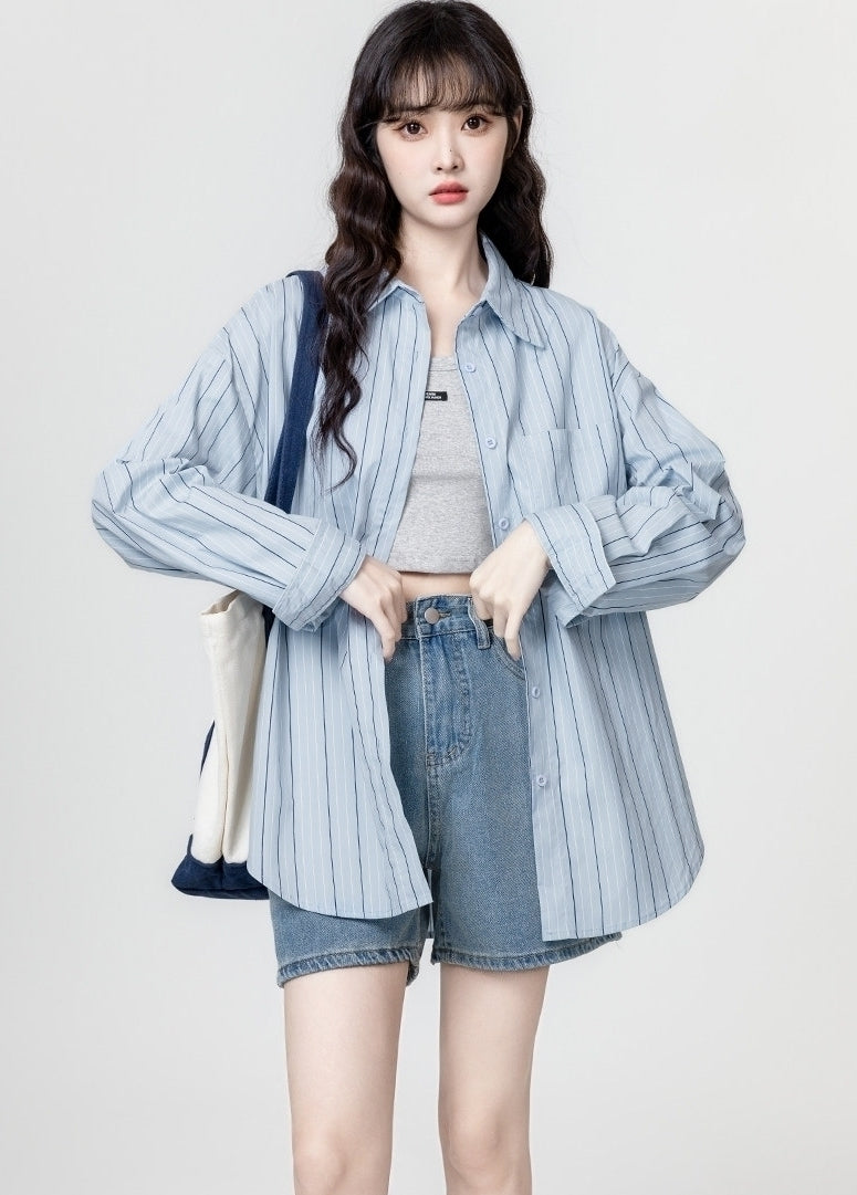 Blue Striped Relaxed Long Sleeve Shirt Jacket