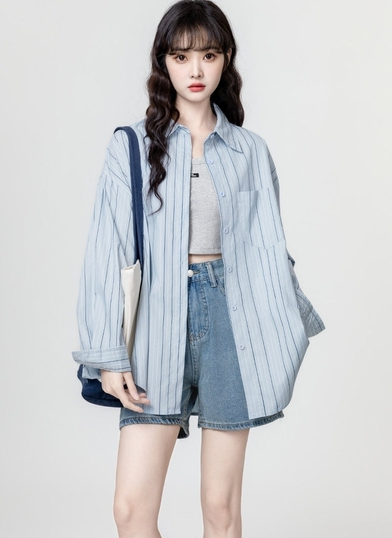 Blue Striped Relaxed Long Sleeve Shirt Jacket